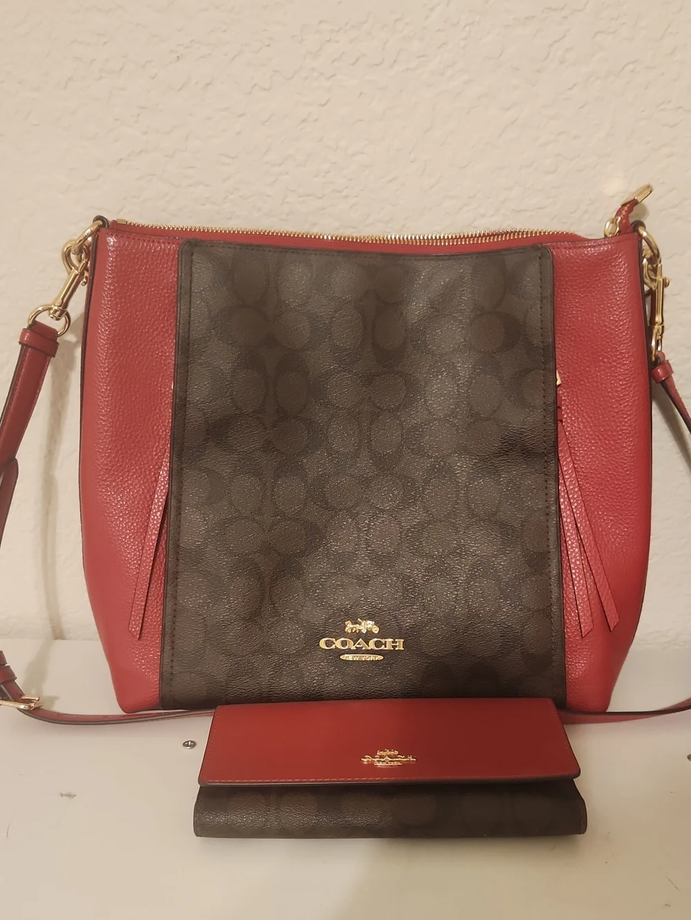 Coach Brown Signature Canvas Crossbody with Red Leather Trim and Wallet